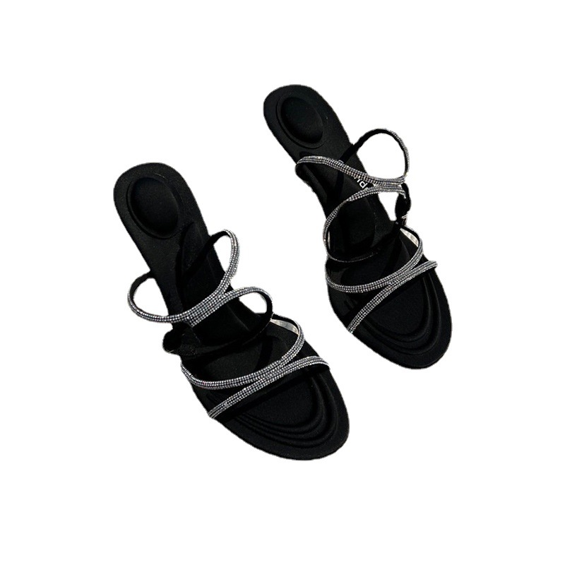 Black Peep Toe Sandals SlingBacks PU with Crystal Buckle Ankle Strap Stiletto Heel Shoes - STACEES