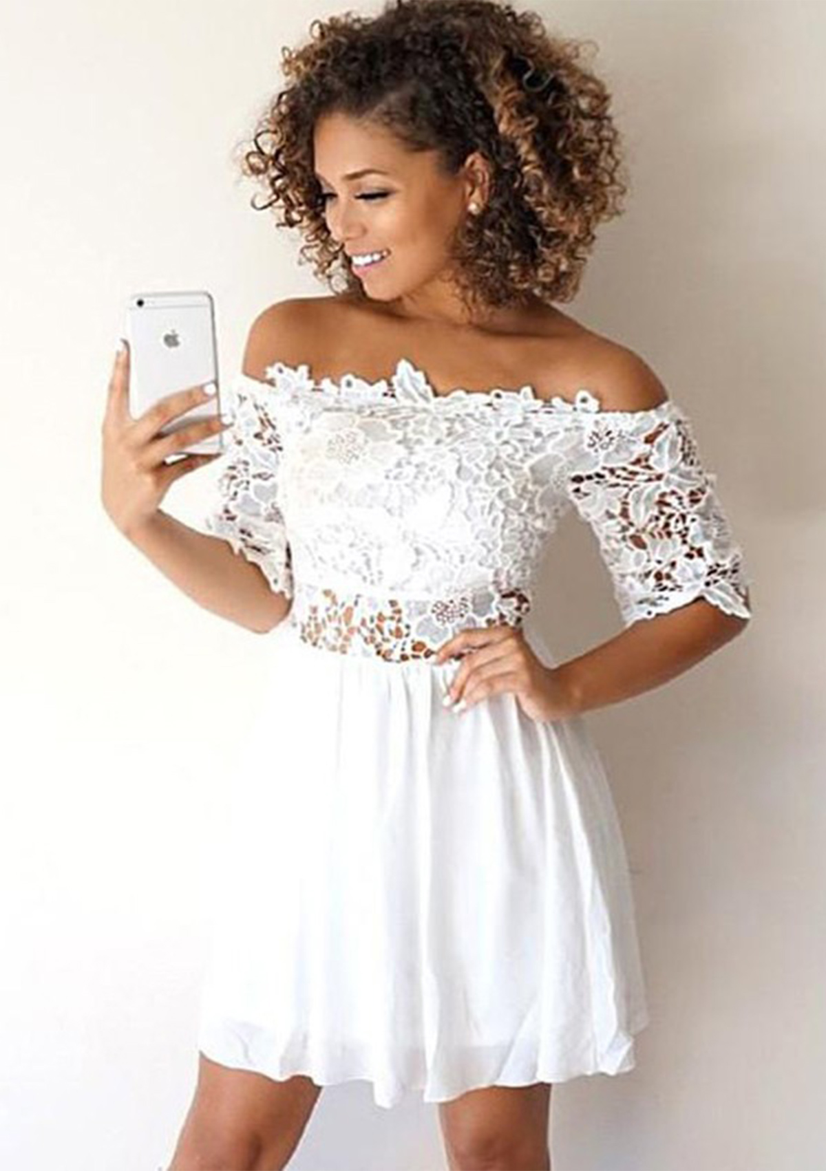 White A-line Off-the-Shoulder Half Sleeve Short/Mini Chiffon Homecoming Dress with Lace - STACEES