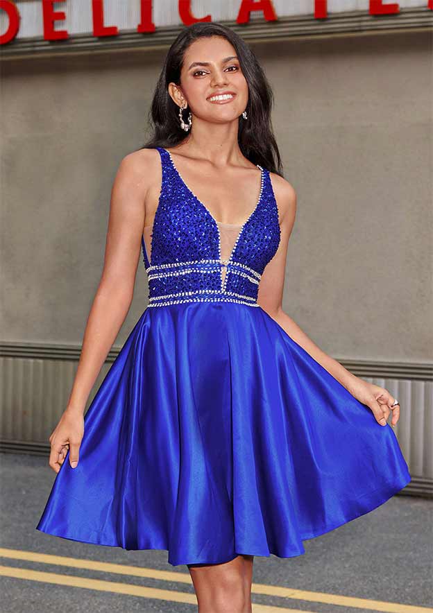 A-line V Neck Short/Mini Satin Homecoming Dress with Beading Crystal Sequins