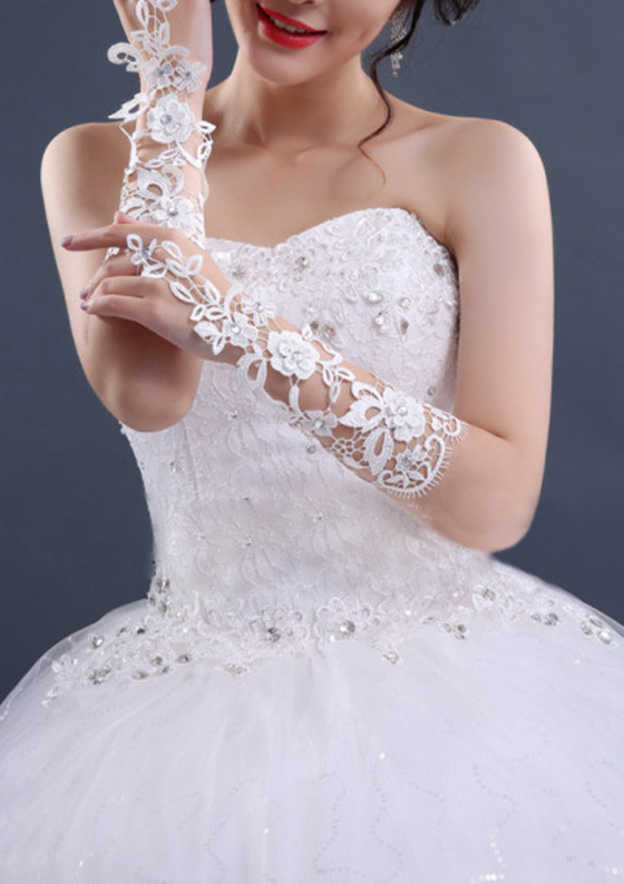 White Elbow Length Lace With Appliqued Fingerless Bridal/Wedding Gloves 