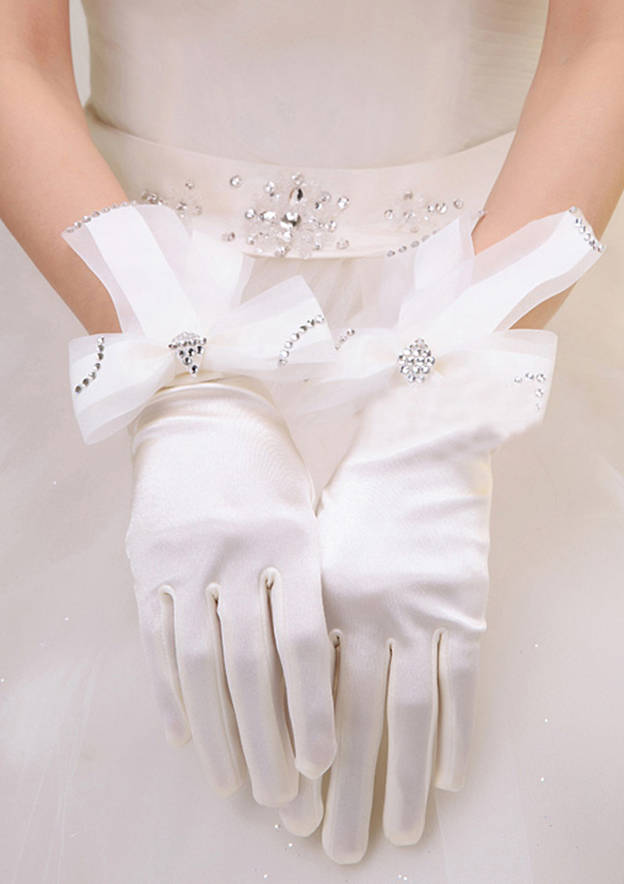 Guantes de novia/boda de satén con lazo en los dedos y longitud hasta el codo