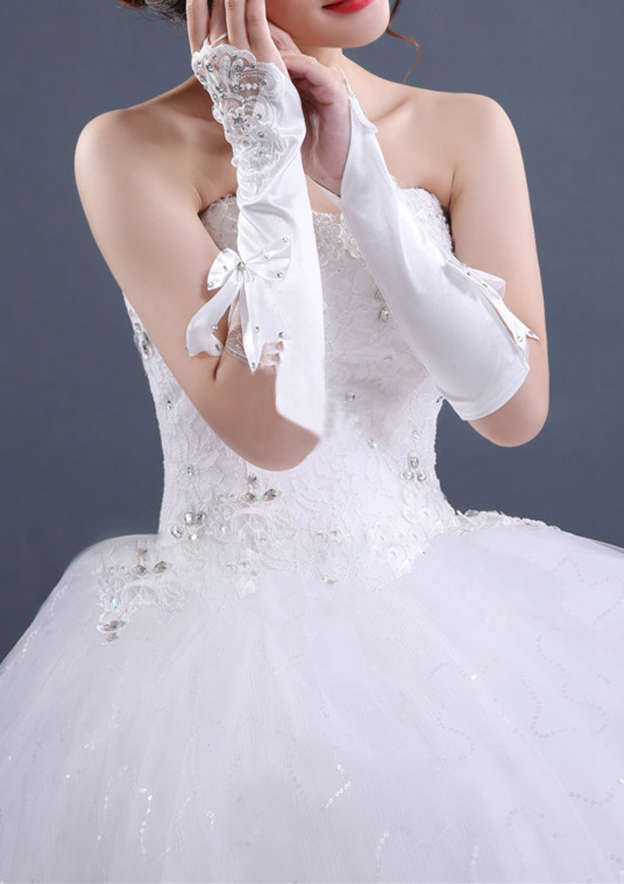 Blanc Chics longueur du coude satin avec strass noeud papillon gants de mariée - STACEES