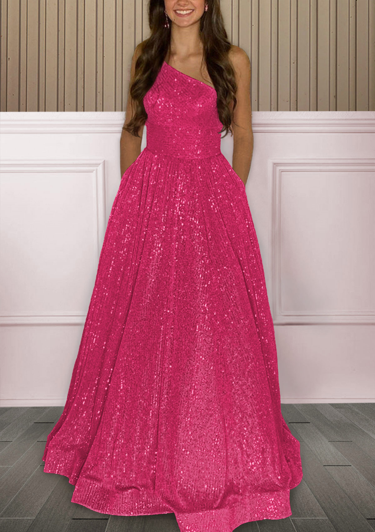 Fuchsia A-line One-Shoulder Sleeveless Sweep Train Sequined Prom Dress with Pockets - STACEES