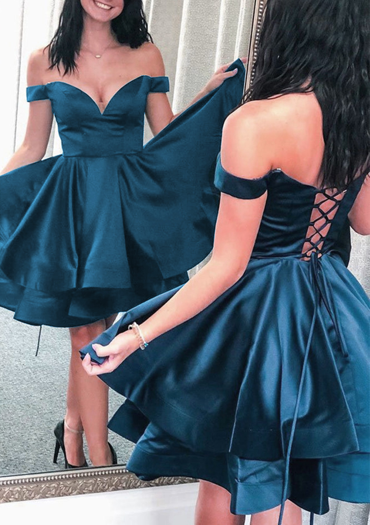 Ink Blue A-line Lace-Up Satin Short Off-the-Shoulder Homecoming Dress - STACEES