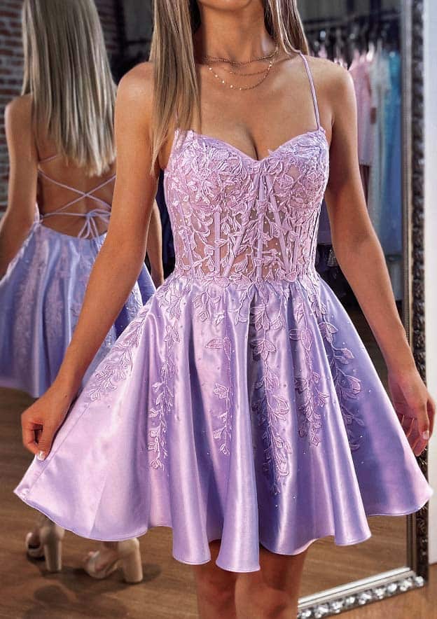 A-line Sweetheart Short/Mini Charmeuse Homecoming Dress with Appliqued Beading