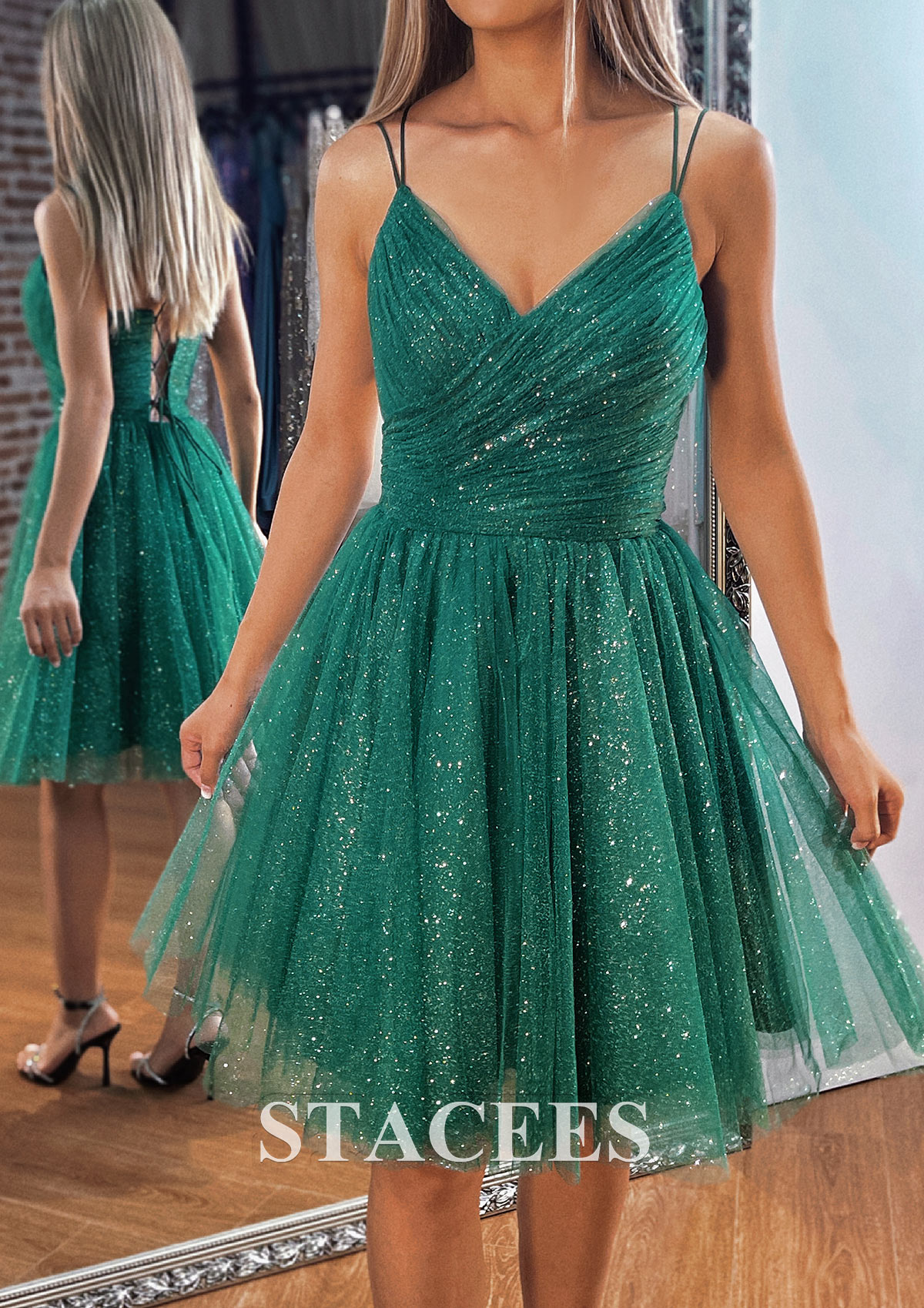 A-line V Neck Sleeveless Short/Mini Tulle Homecoming Dress with Pleated Glitter