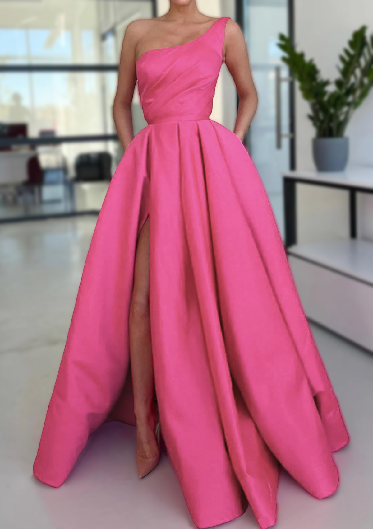 As Picture A-line Sleeveless One-Shoulder Long/Floor-Length Satin Prom Dress With Split Ruffles Pockets - STACEES
