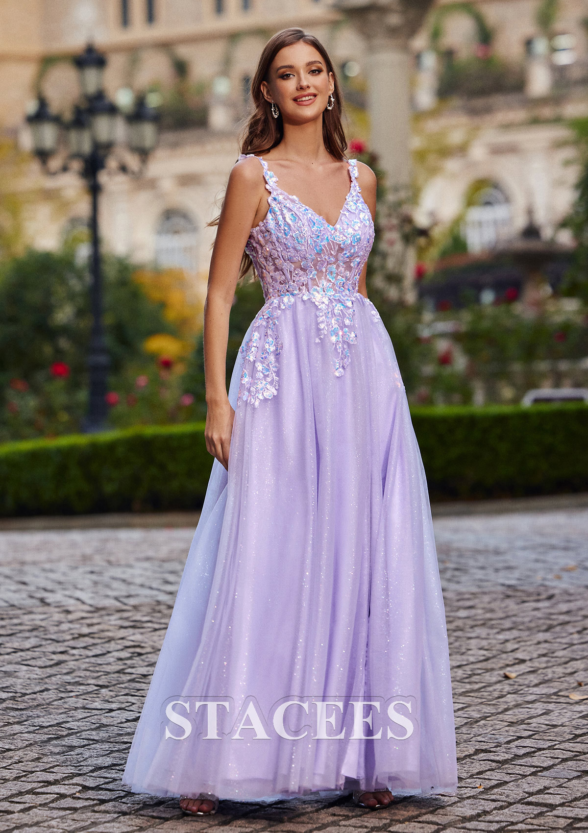 Lavender A-line V Neck Floor-Length Tulle Prom Dress with Sequins Appliqued Pockets Glitter Split - STACEES