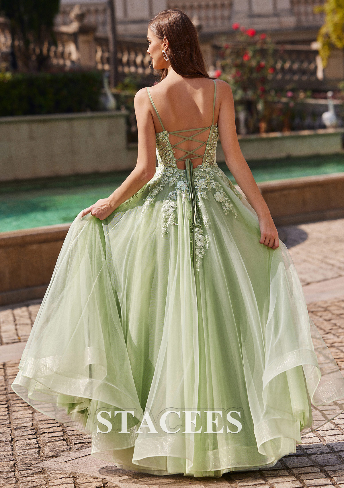Sage A-line V Neck Sleeveless Floor-Length Tulle Prom Dress with Appliqued - STACEES