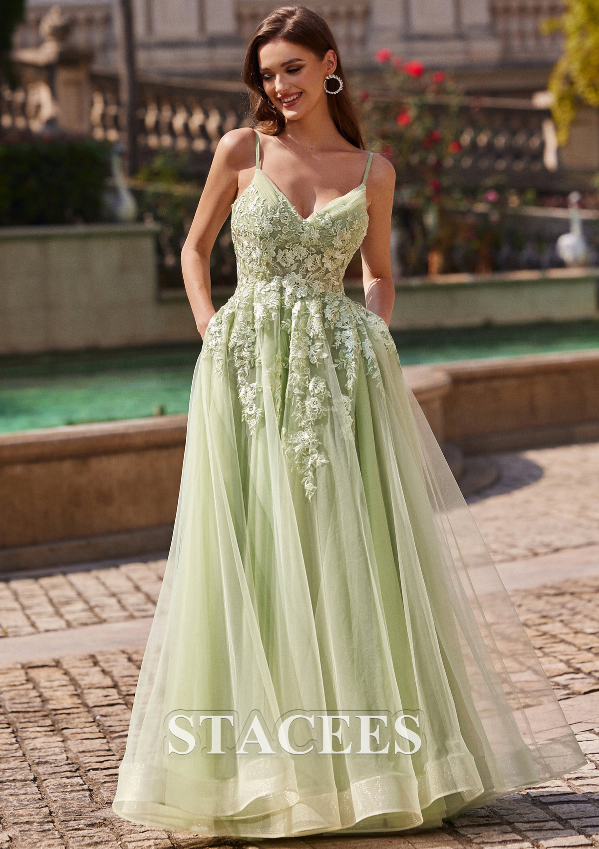 Sage A-line V Neck Sleeveless Floor-Length Tulle Prom Dress with Appliqued - STACEES