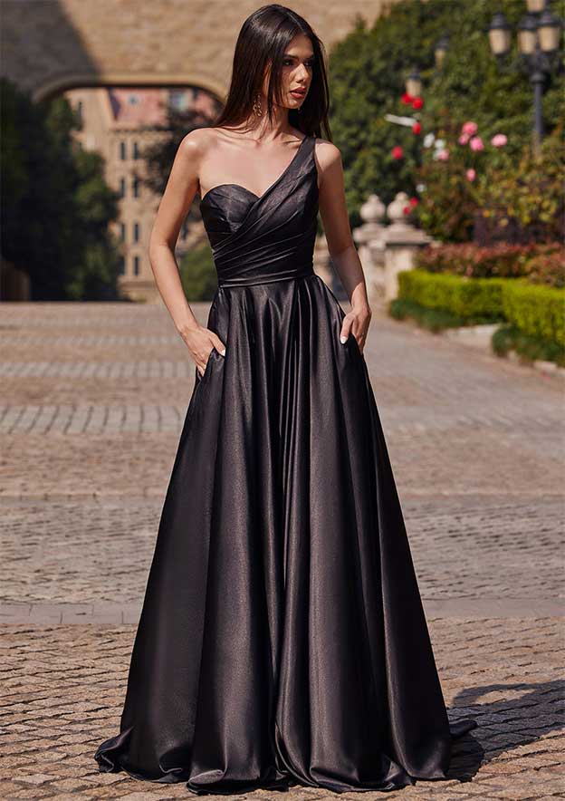 A-line One-Shoulder Sleeveless Sweep Train Charmeuse Prom Dress with Pleated Pockets Split S7644P - Prom Dresses