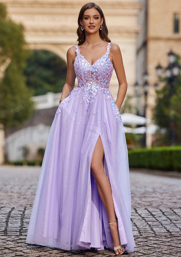 A-line V Neck Floor-Length Tulle Prom Dress with Sequins Appliqued Pockets Glitter Split