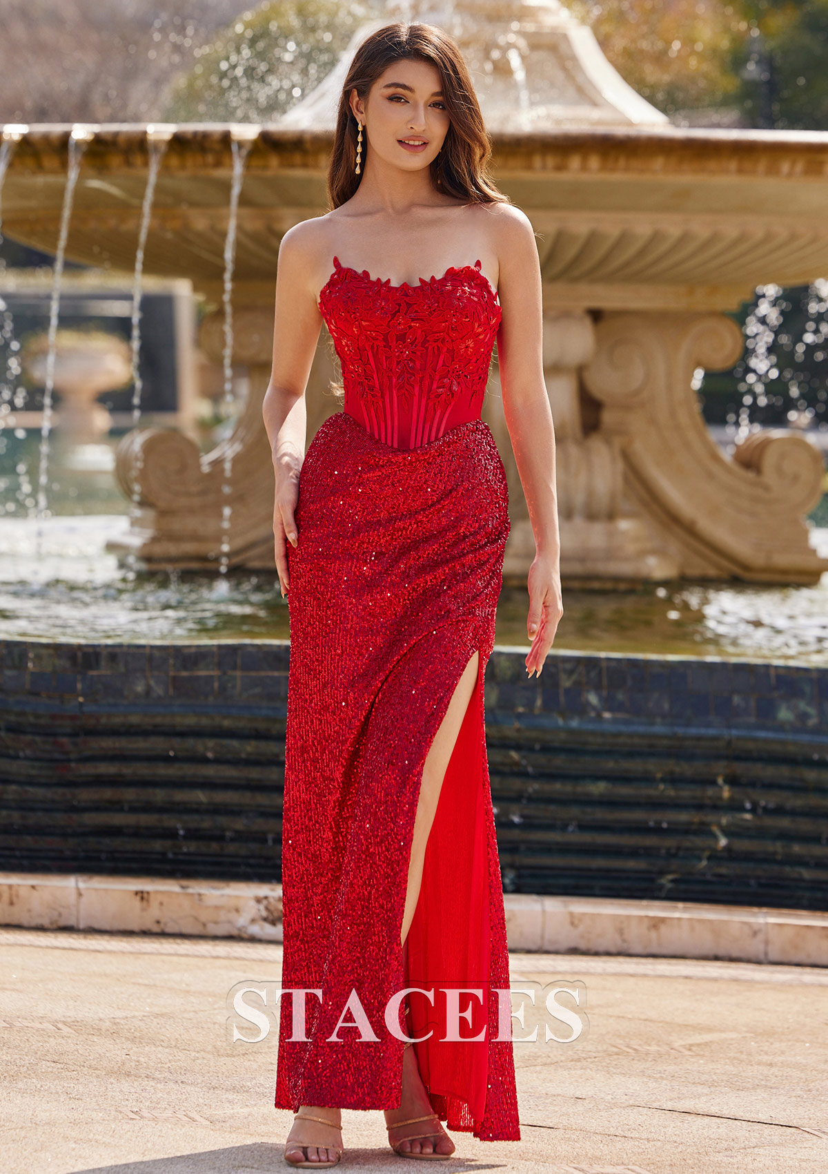 Rouge Fourreau cache coeur paillettes ras du sol robe de bal - STACEES