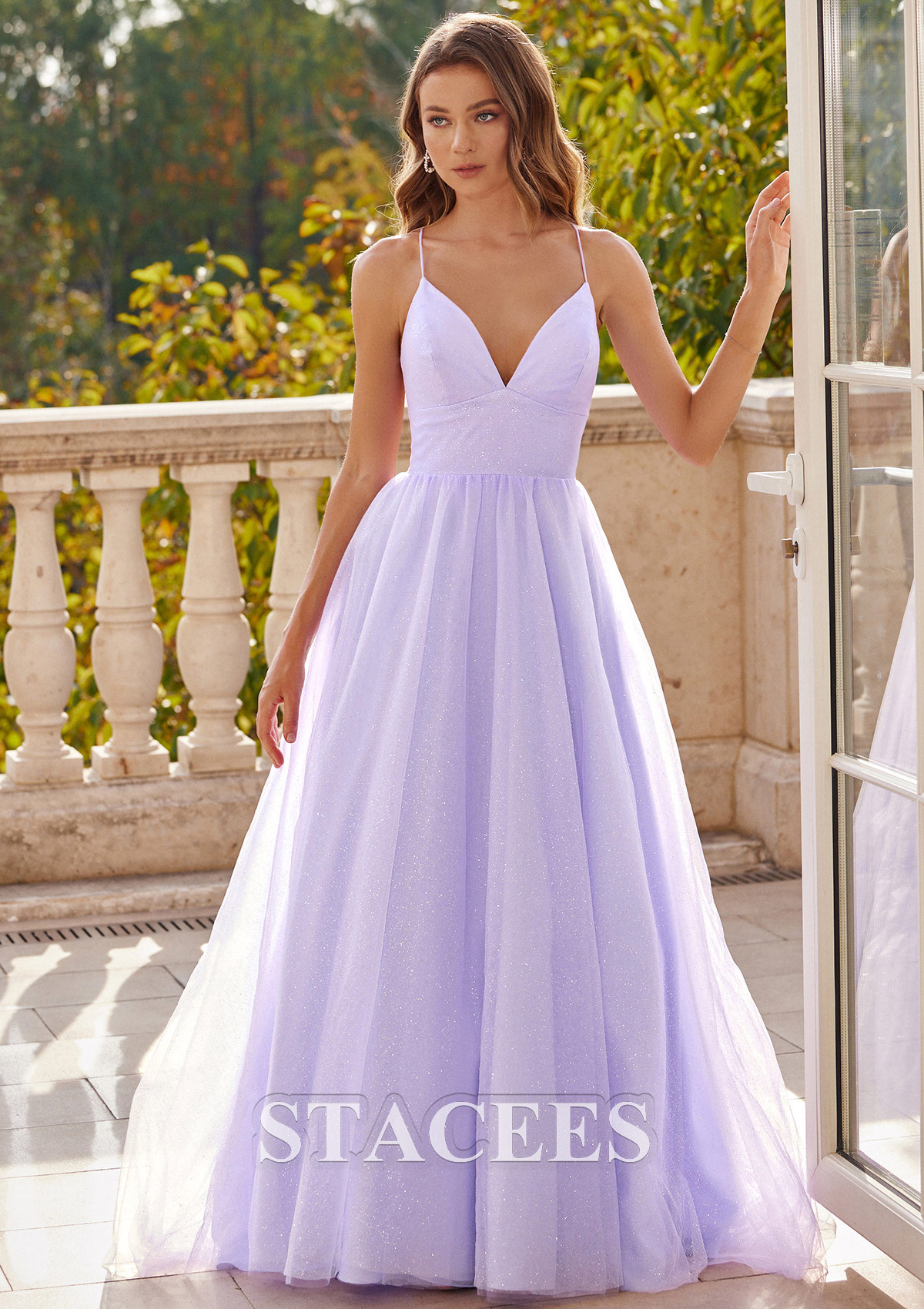 Lavender A-line V Neck Sweep Train Tulle Prom Dress with Pockets Glitter - STACEES