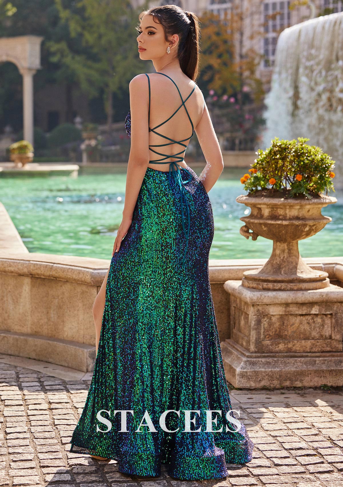 As Picture Sheath/Column V Neck Sweep Train Sequined Prom Dress with Split - STACEES