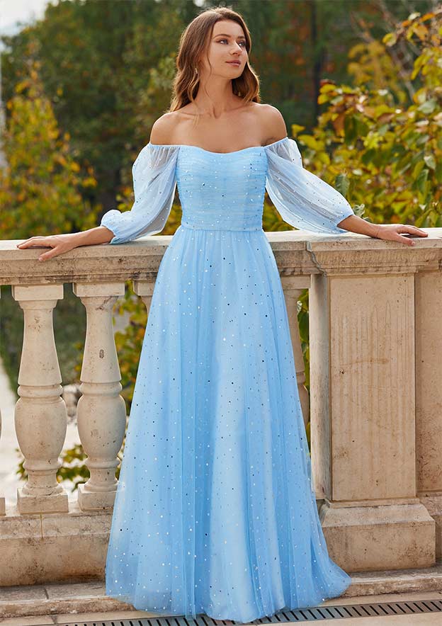 A-line Square Neckline 3/4 Sleeve Floor-Length Tulle Prom Dress with Pleated Sequins