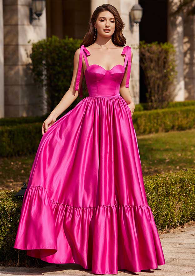A-line Sweetheart Floor-Length Satin Prom Dress with Pleated Ruffles