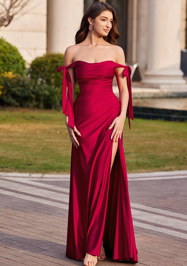 Sheath/Column Off-the-Shoulder Sweep Train Jersey Prom Dress with Pleated Split