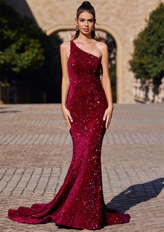 Trumpet/Mermaid One-Shoulder Sweep Train Velvet Sequins Prom Dress