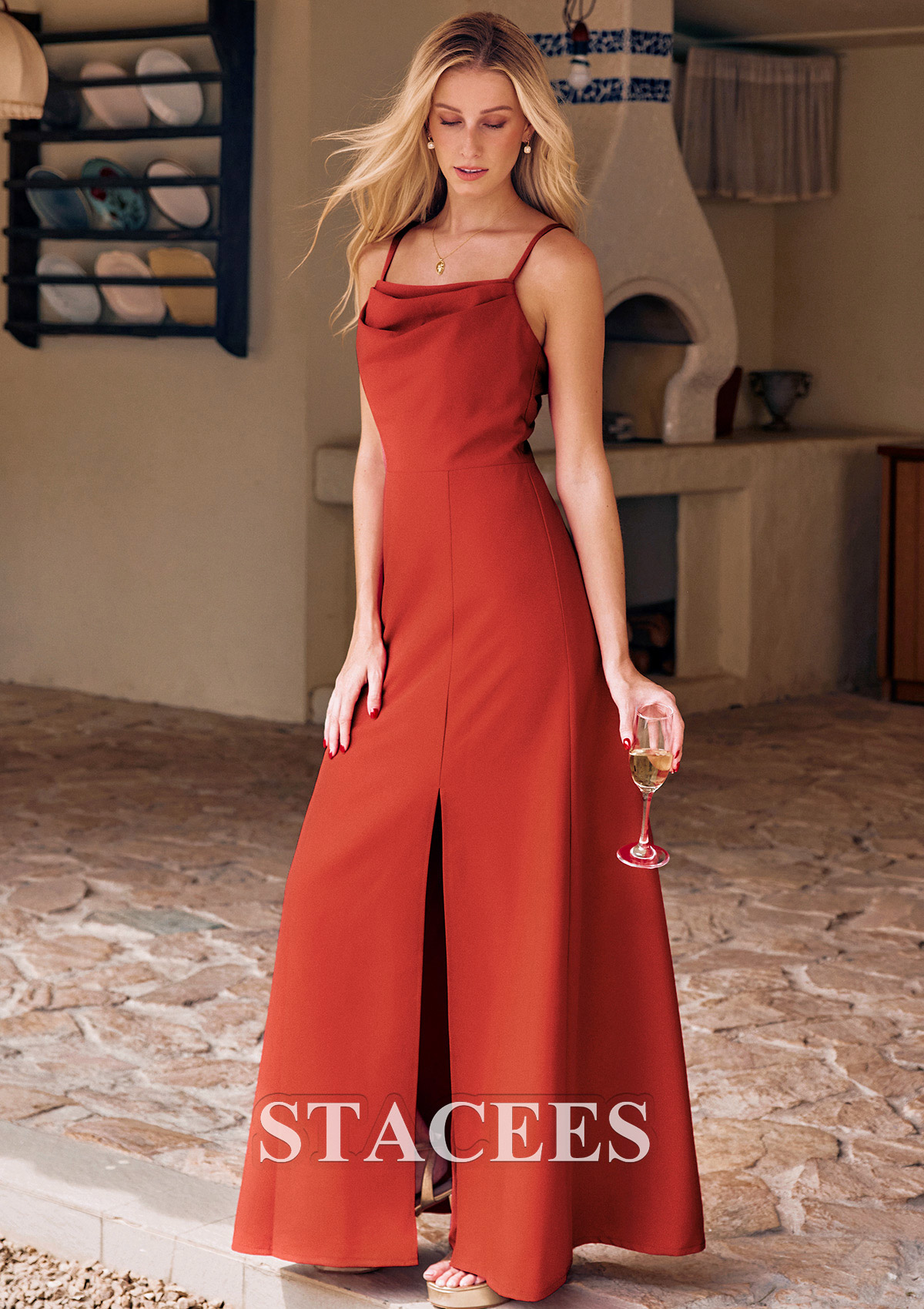 Rouille Fourreau col bénitier satin élastique crêpe élastique ras du sol robe de demoiselle d'honneur - STACEES