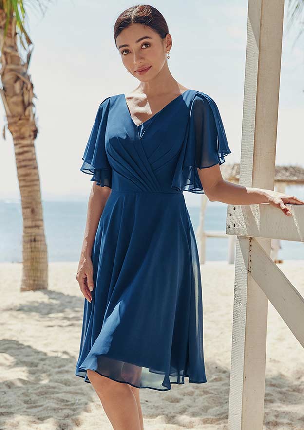 blue knee length dress with sleeves A-line V Neck Short Sleeve Knee-Length Chiffon Bridesmaid Dress with  Pleated Ruffles S7437B - Bridesmaid Dresses