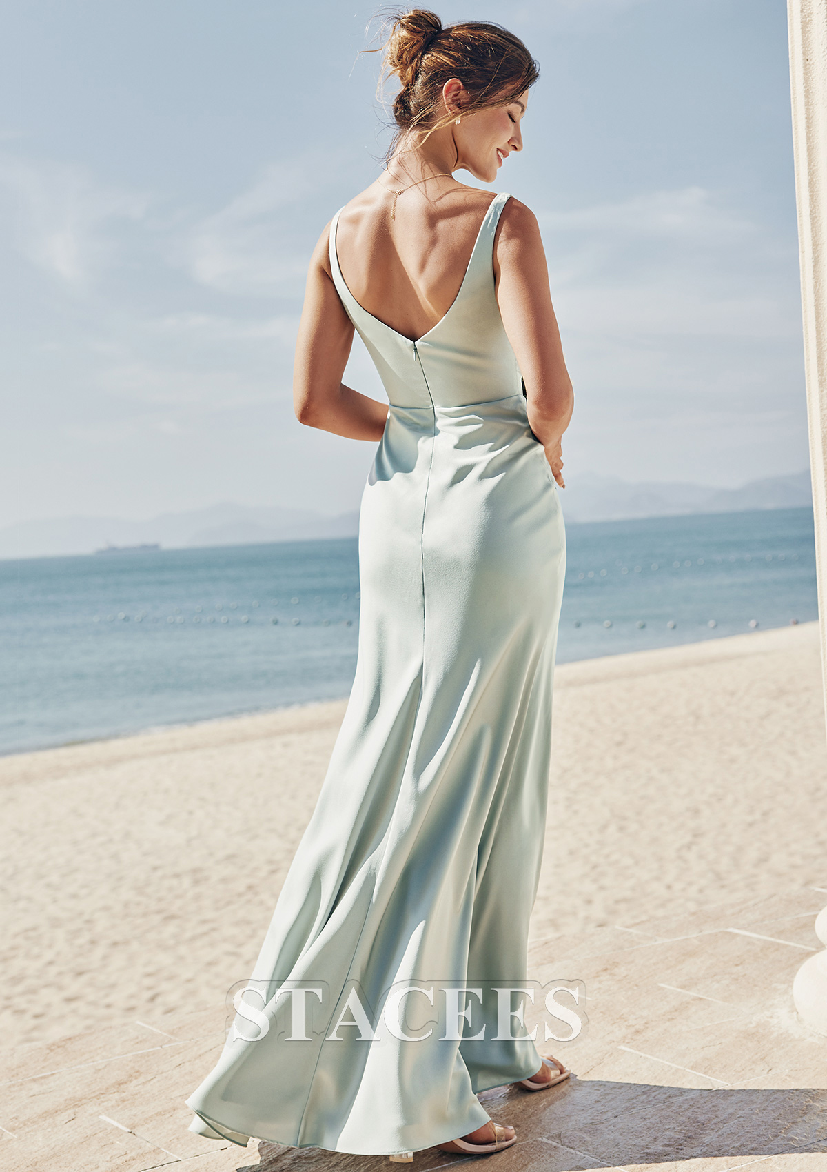 Gris dauphin Fourreau carrée satin élastique ras du sol robe de demoiselle d'honneur - STACEES