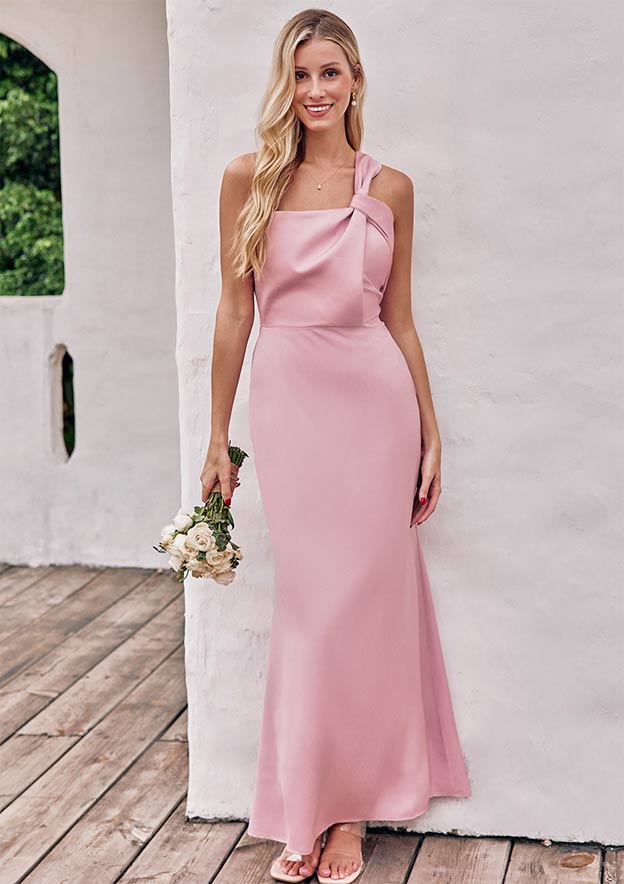 Sheath/Column One-Shoulder Sleeveless Ankle-Length Stretch Satin Bridesmaid Dress with Pleated