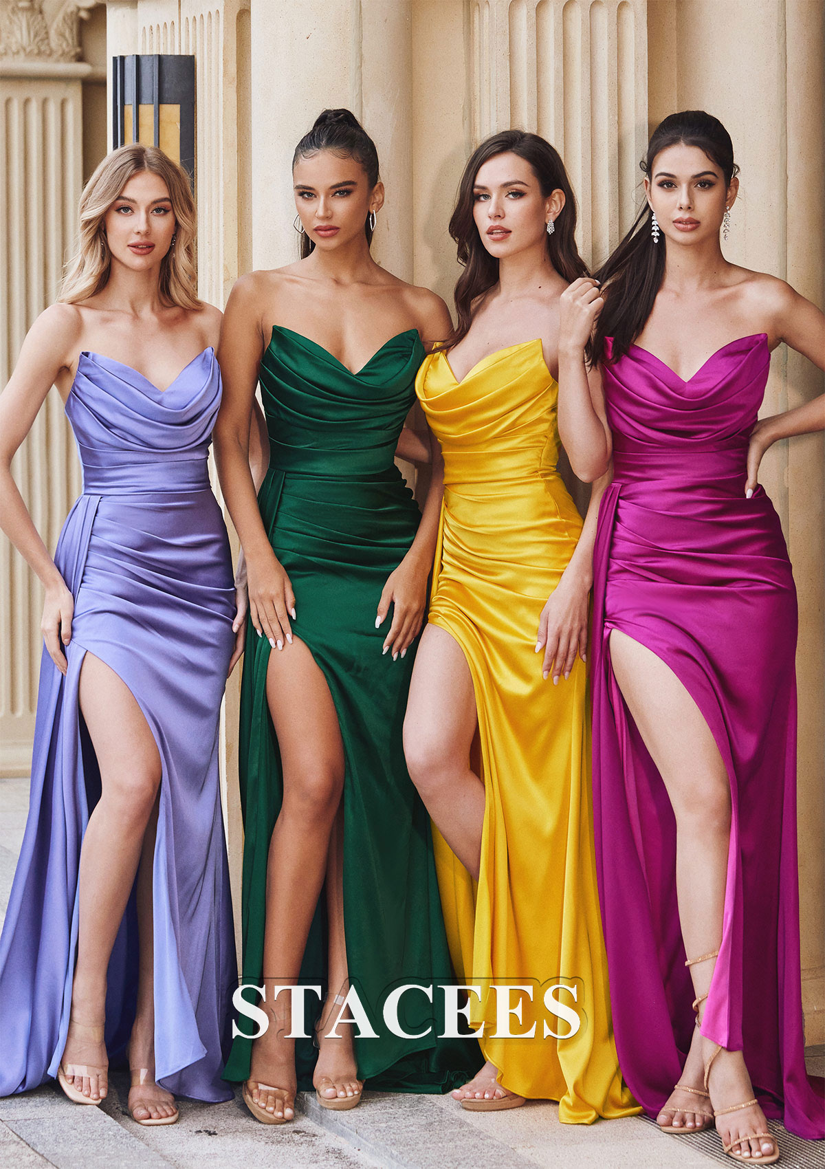 Sheath/Column V Neck Sleeveless Sweep Train Satin Prom Dress with Pleated Side Draping Split - STACEES