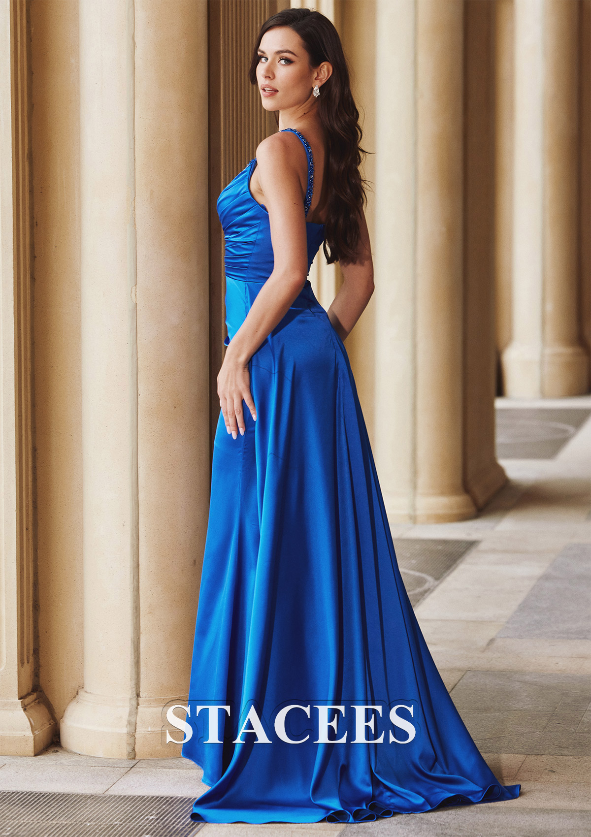 As Picture Sheath/Column V Neck Sleeveless Sweep Train Satin Prom Dress with Split Beading Pleated Side Draping - STACEES