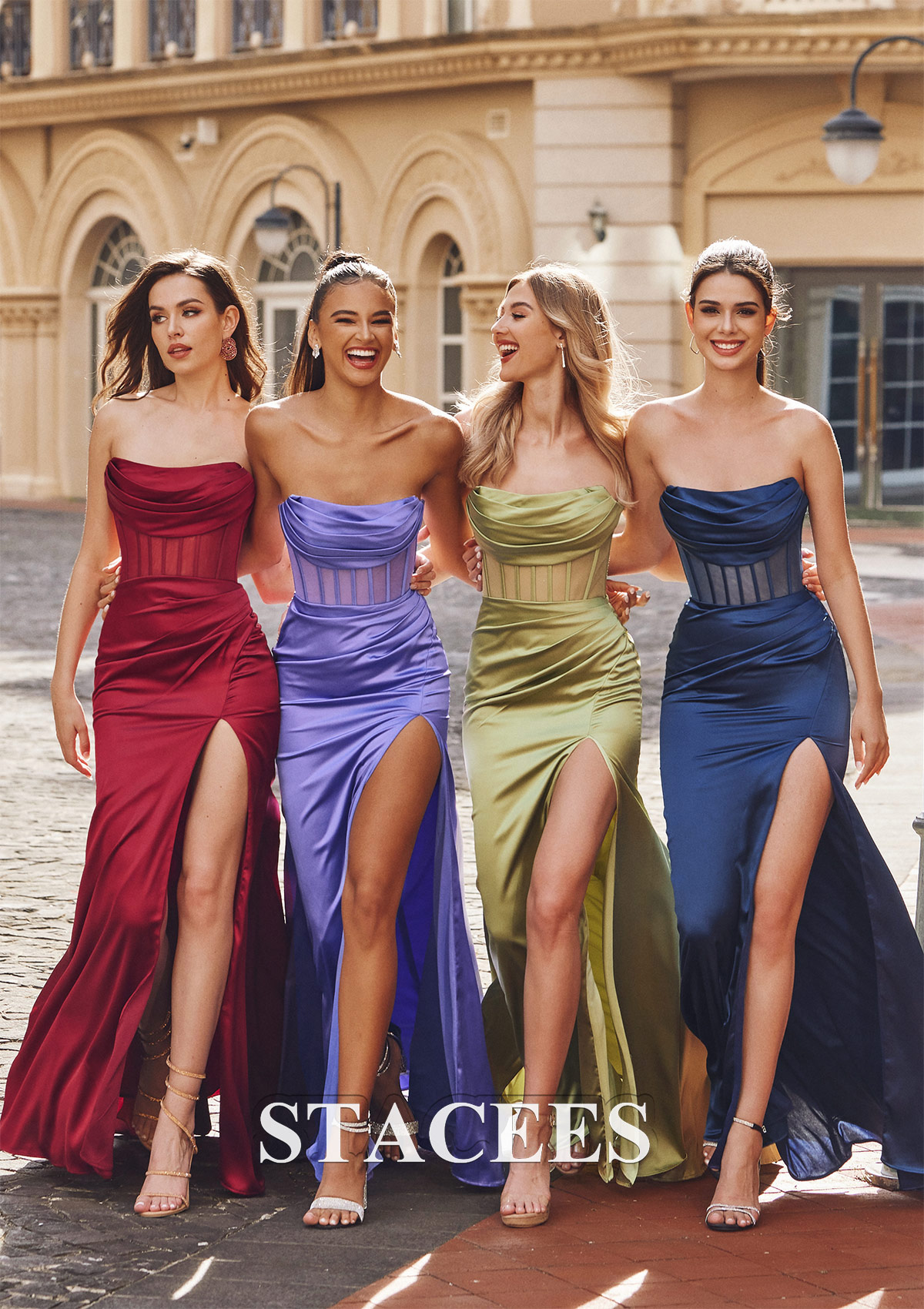 Sheath/Column Cowl Neck Sweep Train Satin Prom Dress with Pleated Split - STACEES