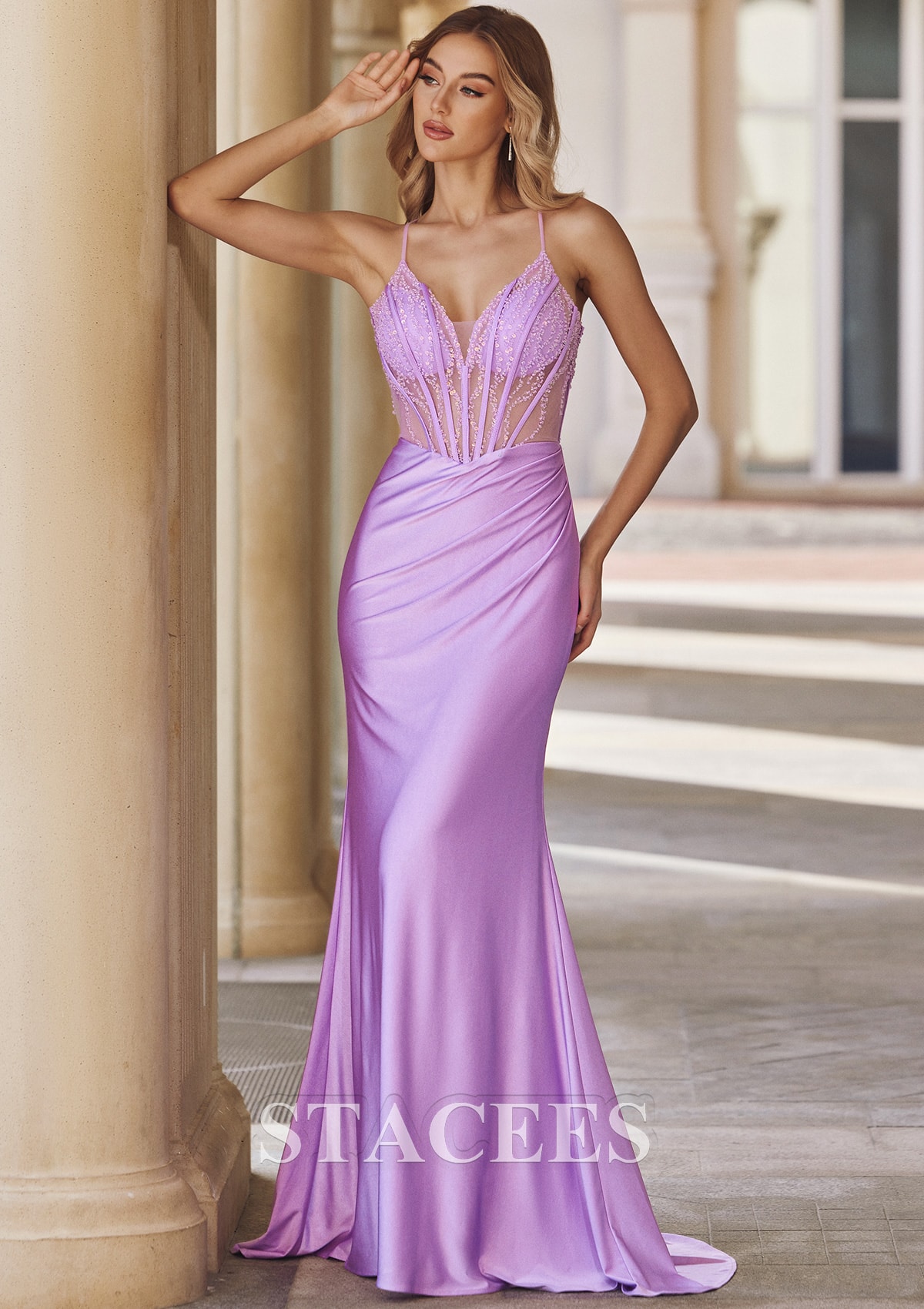 Lilac Trumpet/Mermaid V Neck Sleeveless Sweep Train Jersey Prom Dress with Beading Pleated - STACEES