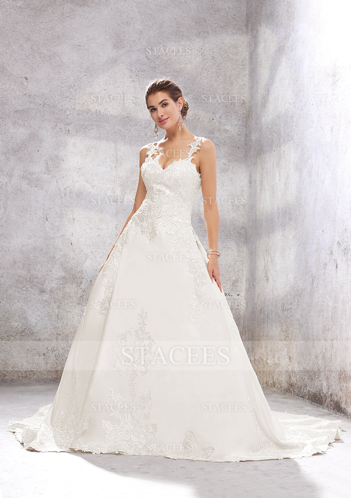 Ivory Ball Gown Princess Sweetheart Sleeveless Chapel Train Satin Wedding Dress With Appliques Sequins - STACEES