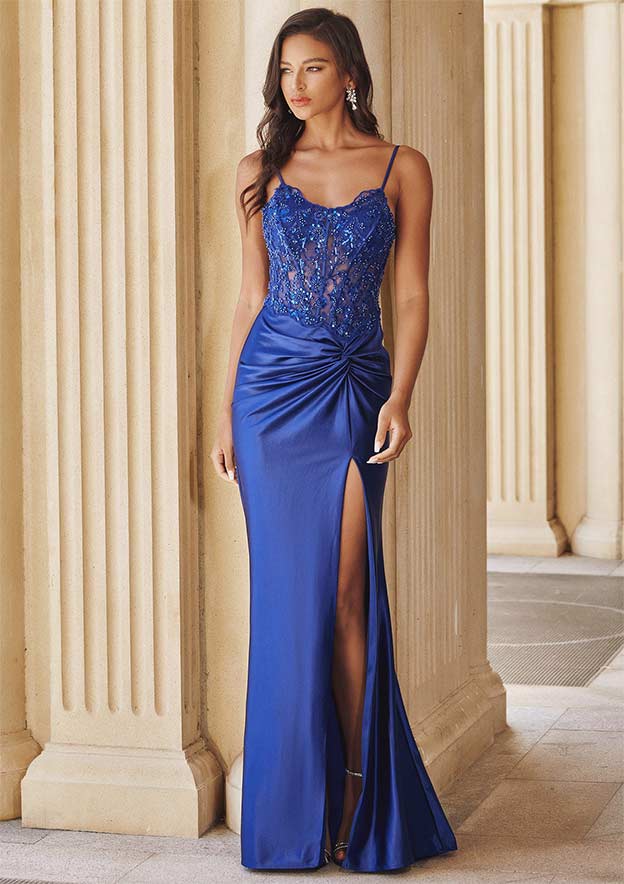 Trumpet/Mermaid Square Neckline Sleeveless Sweep Train Silk like Satin Prom Dress with Appliqued Beading Split