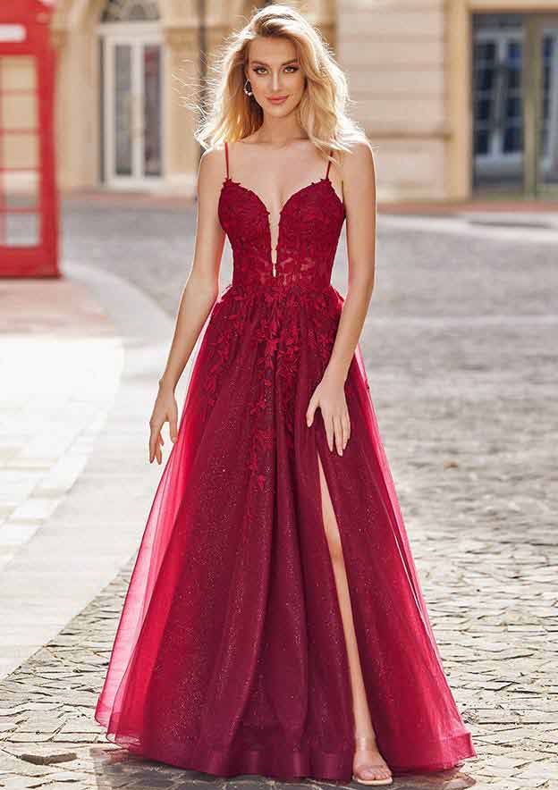 A-line Princess V Neck Sleeveless Floor-Length Tulle Prom Dress with Appliqued Split Glitter