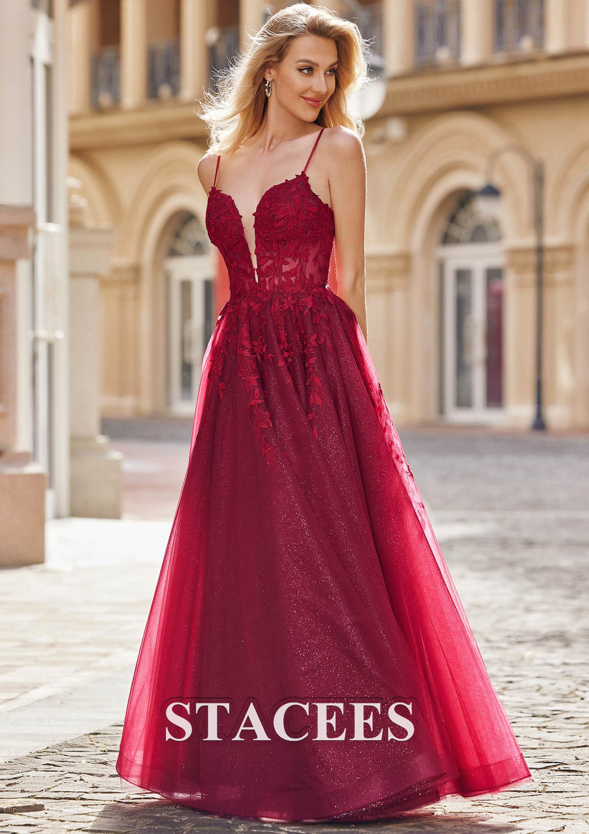 Burgundy A-line Princess V Neck Sleeveless Floor-Length Tulle Prom Dress with Appliqued Split Glitter - STACEES