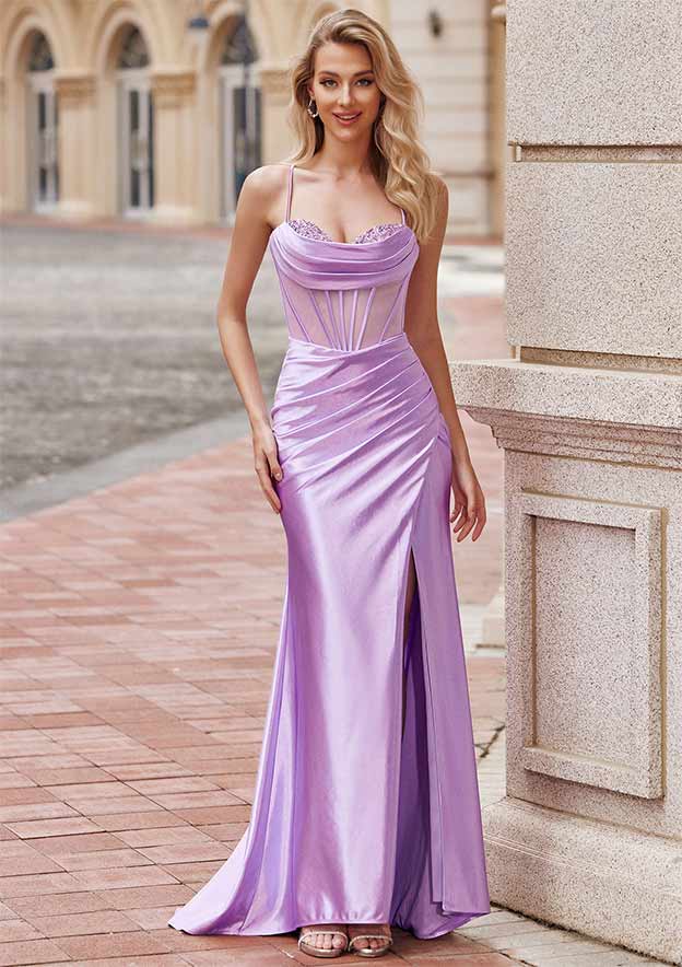 Trumpet/Mermaid Cowl Neck Sleeveless Sweep Train Silk like Satin Prom Dress with Beading Pleated Split