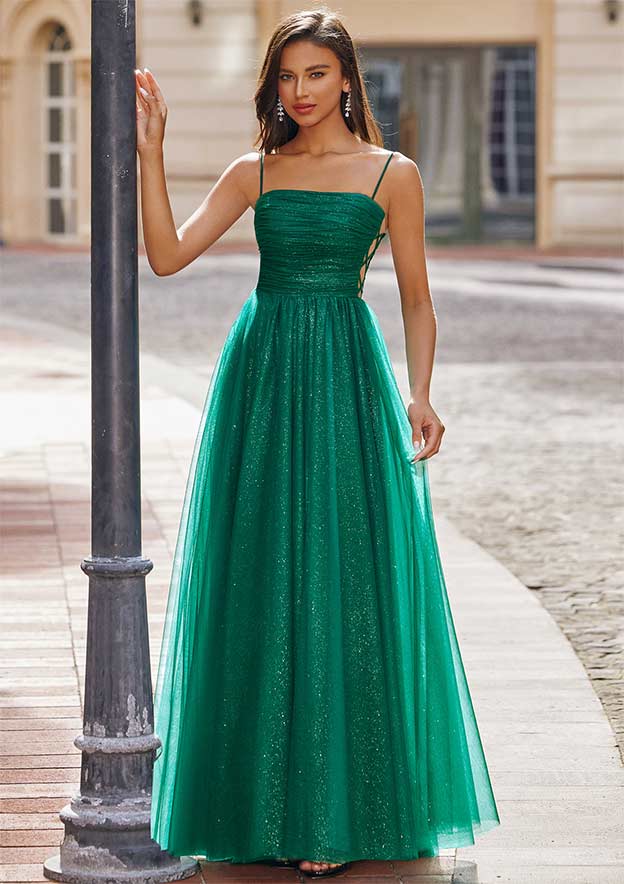 A-line Square Neckline Sleeveless Sweep Train Tulle Prom Dress with Pleated Glitter