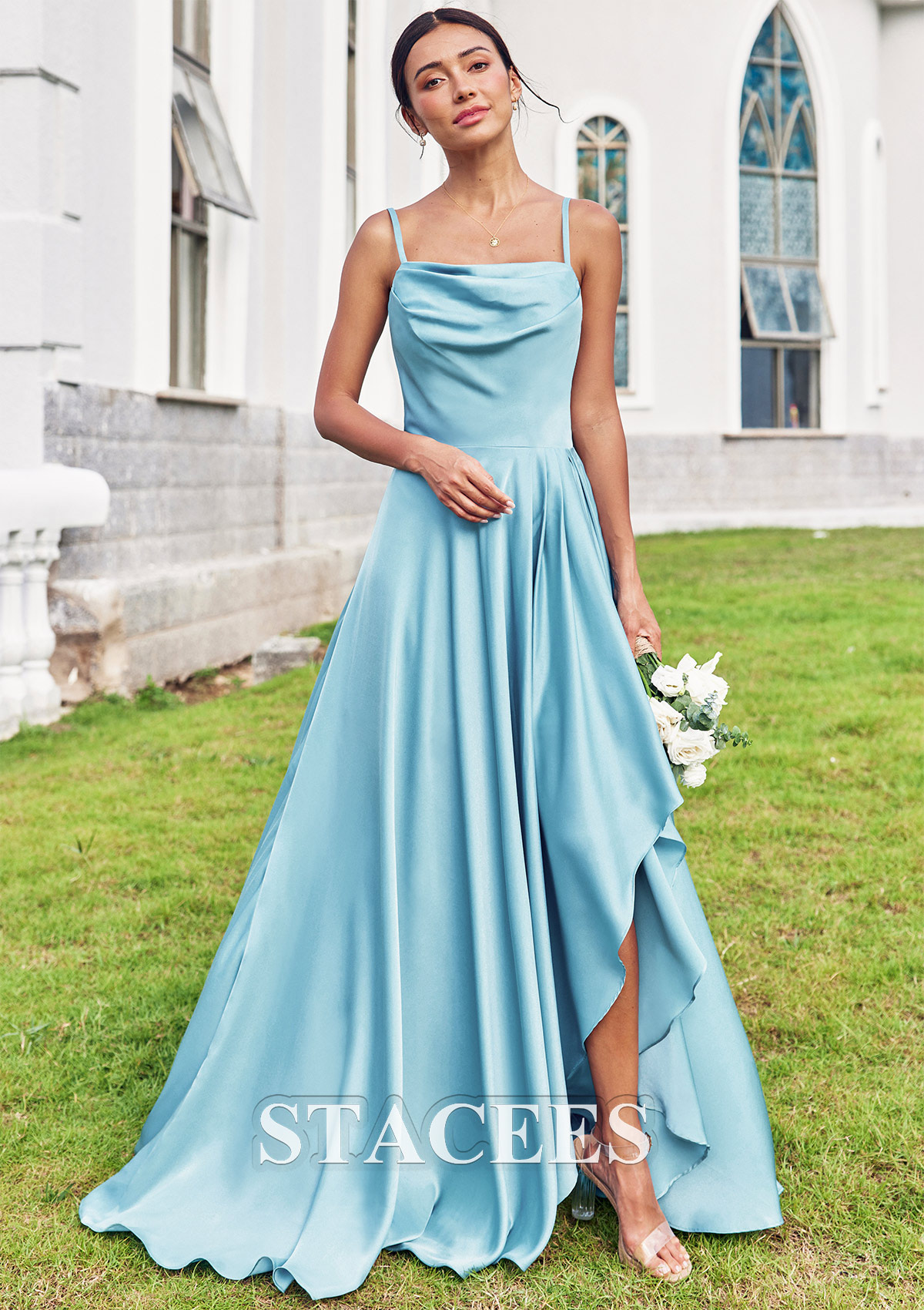 satin a line dress A-line Cowl Neck Sleeveless Floor-Length Stretch Satin Bridesmaid Dress  with Pleated Ruffles Split S7494B - Bridesmaid Dresses
