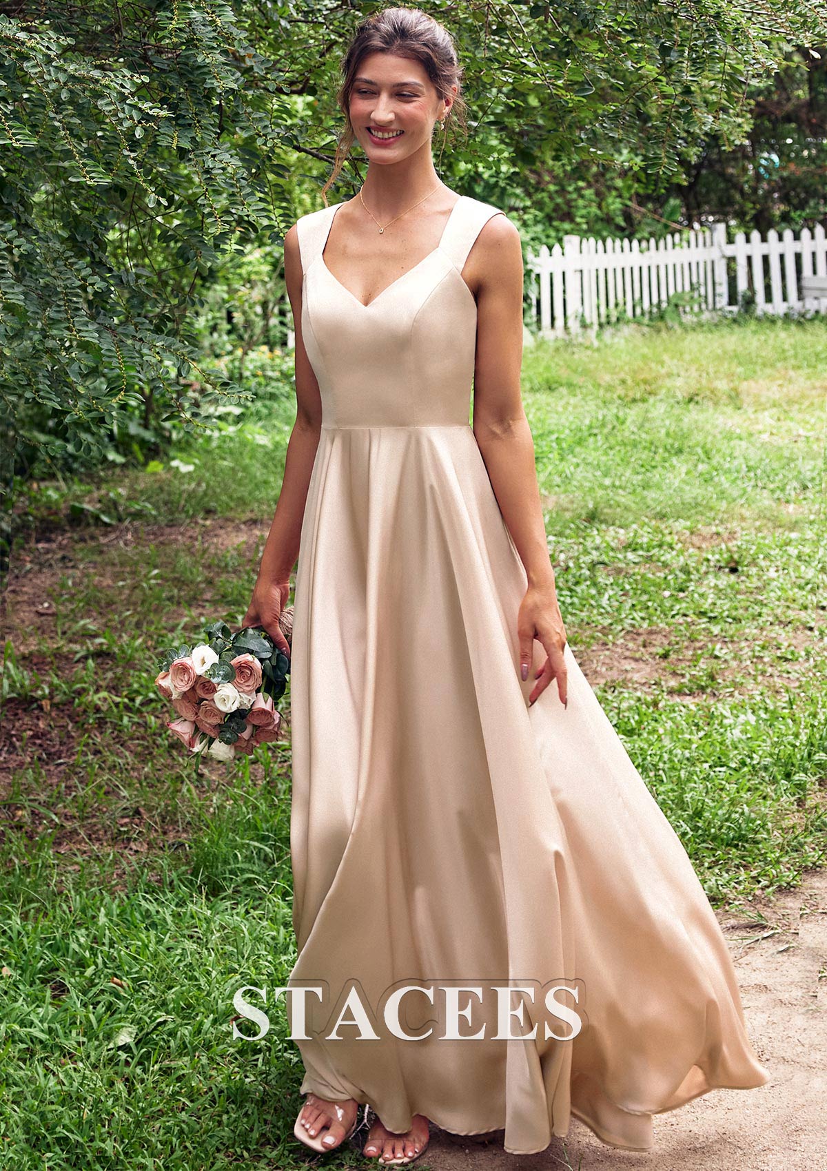 Sand A-line V Neck Sleeveless Floor-Length Stretch Satin Bridesmaid Dress with Pleated