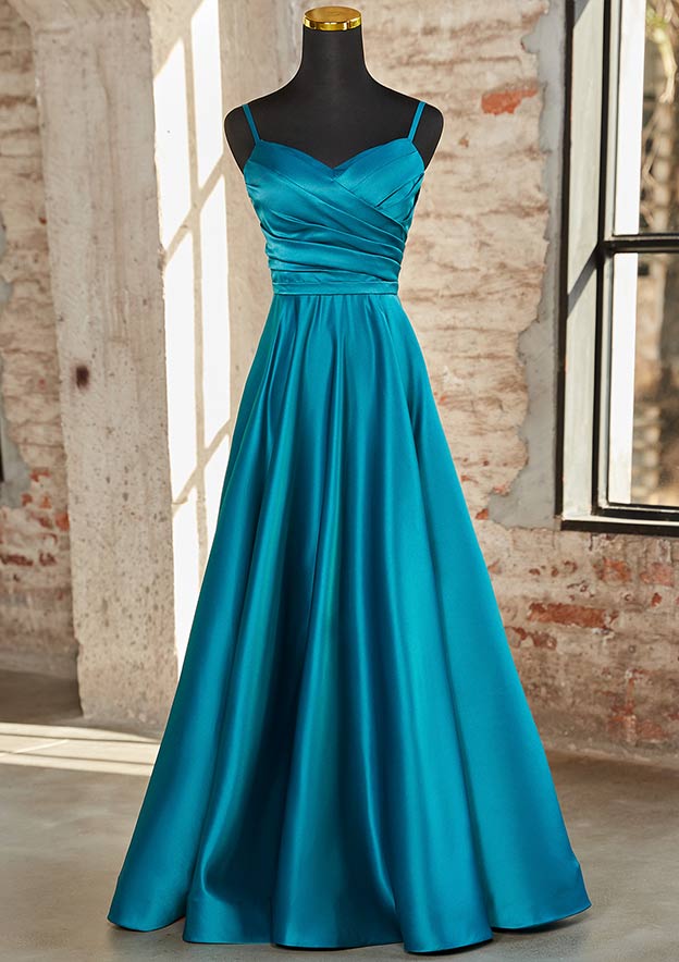 A-line V Neck Sleeveless Sweep Train Satin Prom Dress with Pleated