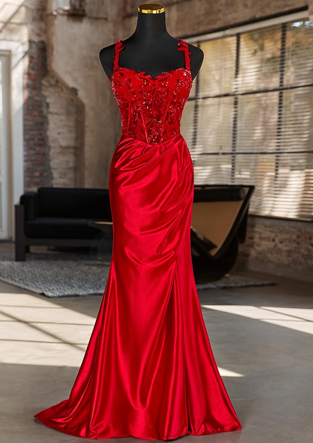 Sheath/Column Sweetheart Sleeveless Sweep Train Silk like Satin Prom Dress with Appliqued Pleated Sequins Split