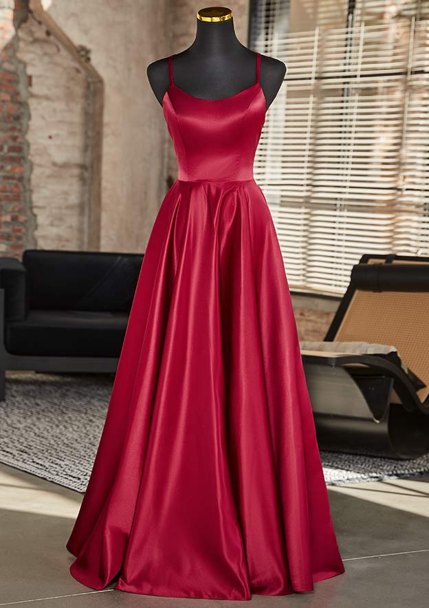 A-line Scoop Neck Sleeveless Floor-Length Satin Prom Dress with Pockets