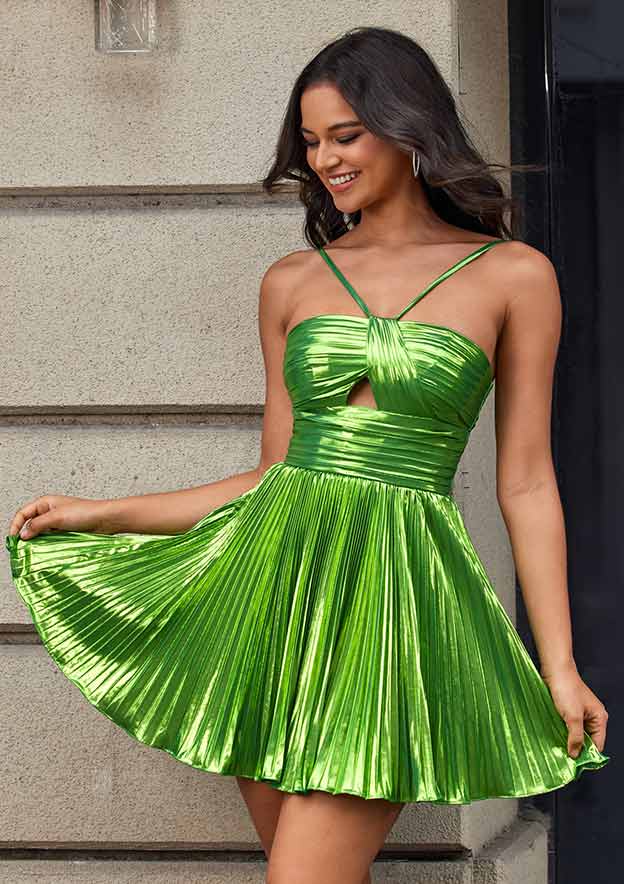 A-line Halter Shiny Ruched Metallic Short Homecoming Dress