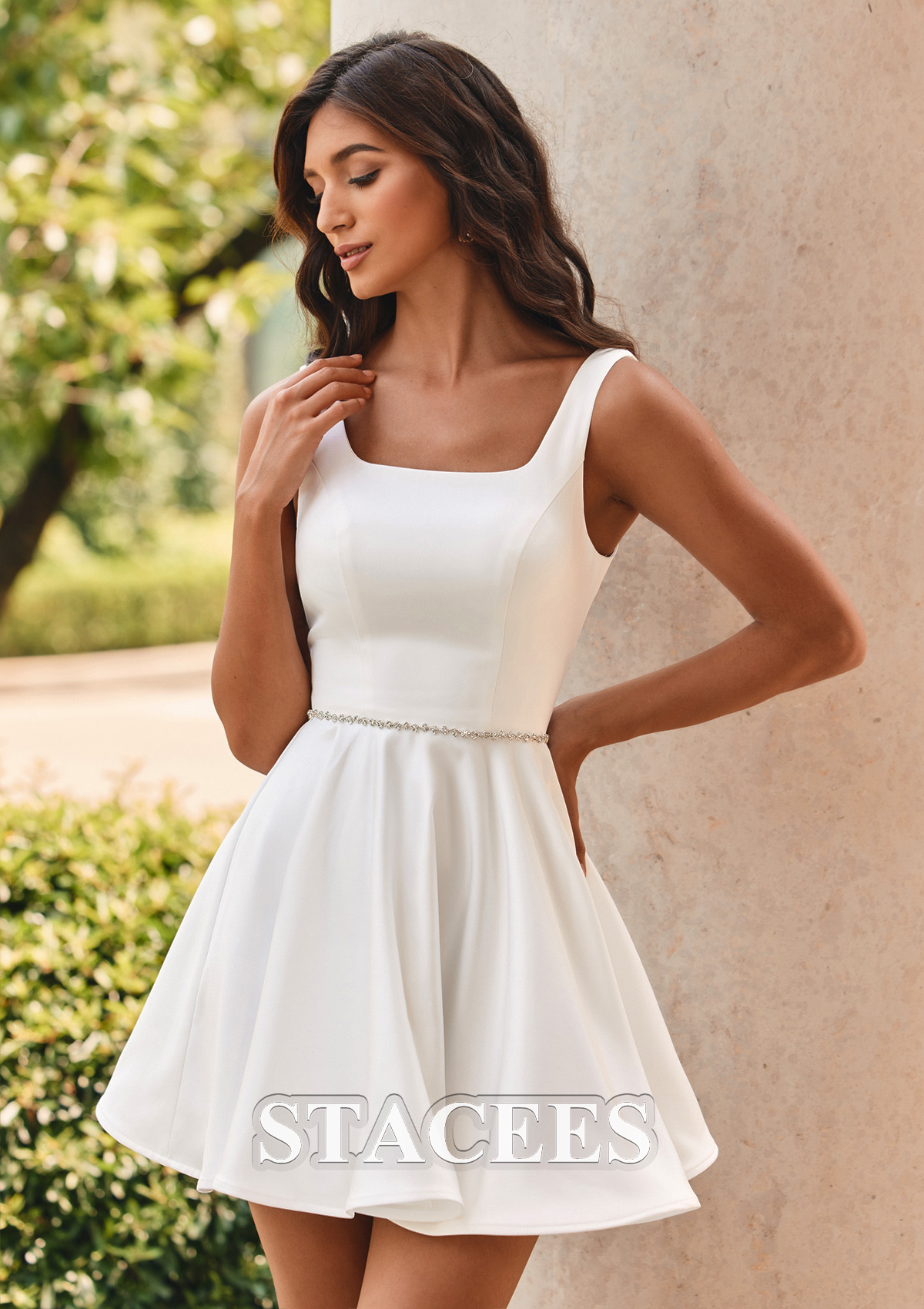 fit and flare homecoming dresses short Stacees Fit & Flare Square-Neck Blushing Pink Homecoming Dress with Embellished Waist