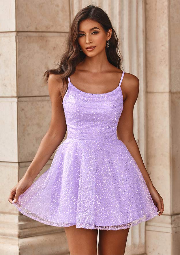 A Line Sequins Cowl Scoop Neck Short Homecoming Dress