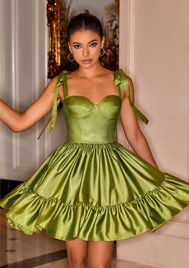 ruffle sleeve homecoming dress Stacees Dark Green Homecoming Dress Ruffles Sweetheart A-line Bow Straps