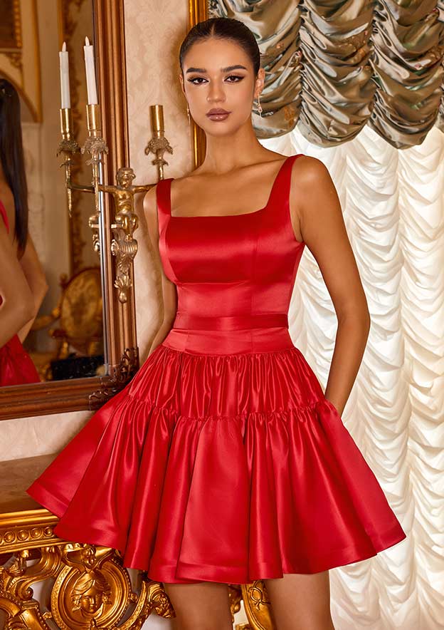 A-line Square Neckline Short Satin Homecoming Dress with Ruffle Waistband