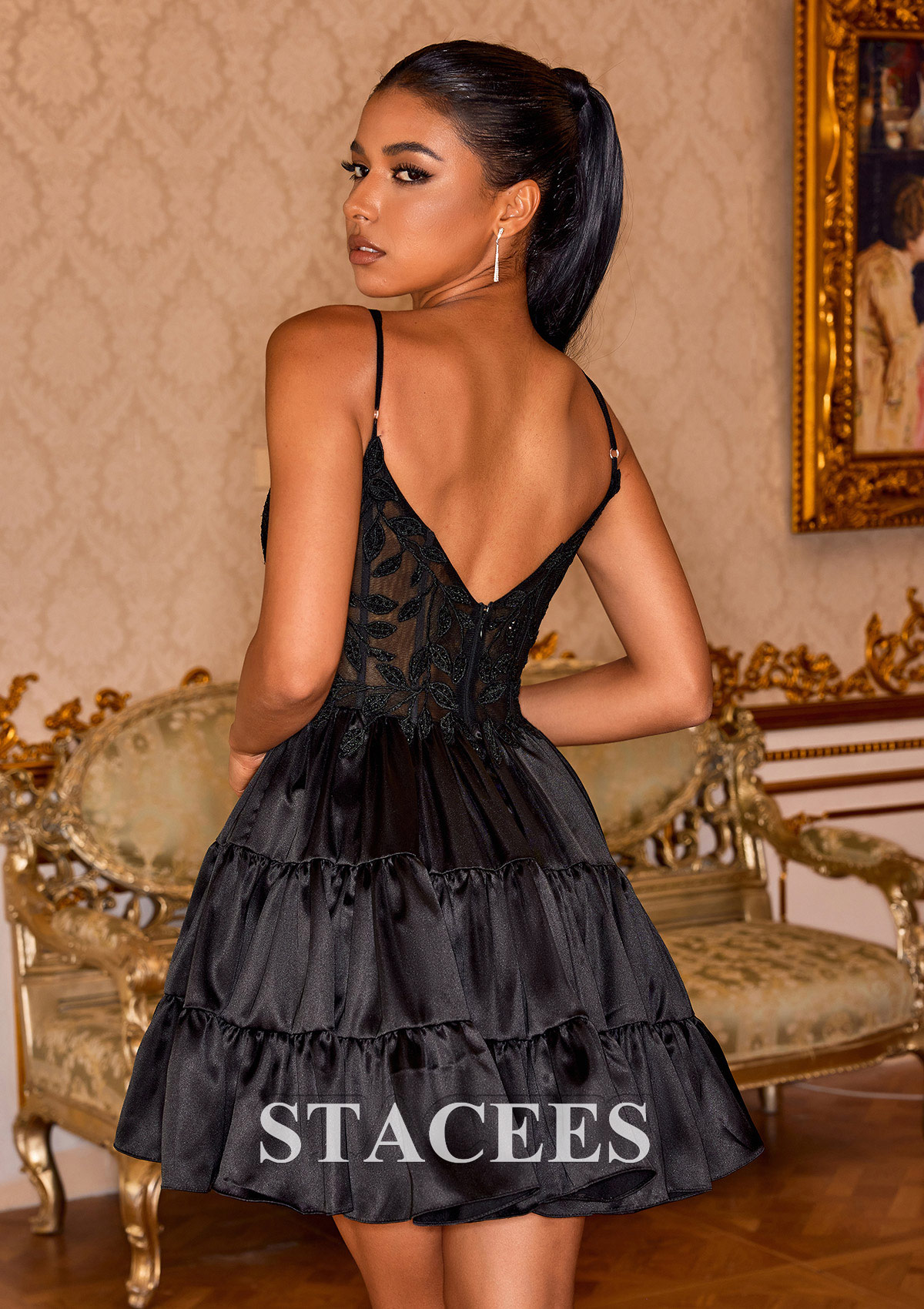 short black and gold homecoming dress Cute A-Line Off the Shoulder Gold Lace Black Short Homecoming Dresses AB24081206 Anniebride