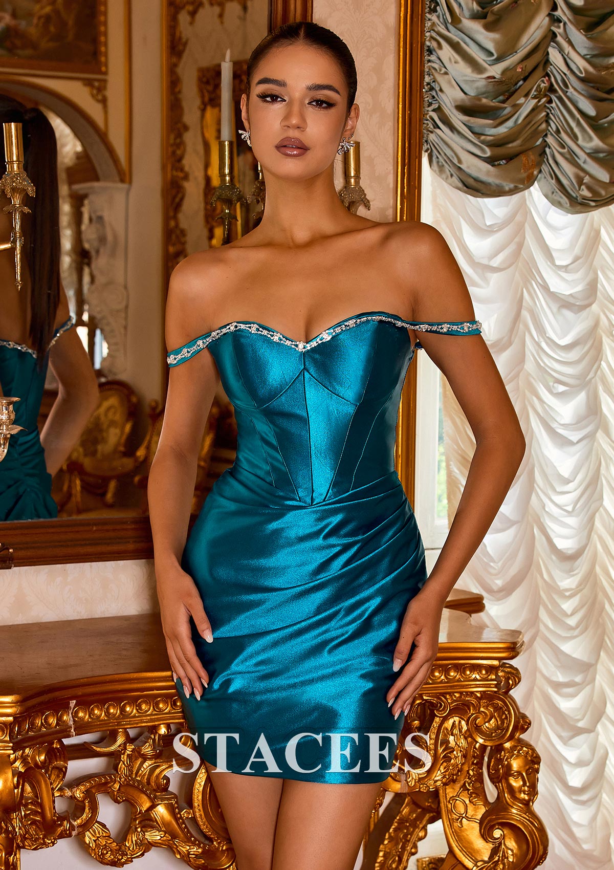 Bleu Encre Fourreau épaule dénudée soie comme du satin courte/mini robe de fête de la rentrée - STACEES