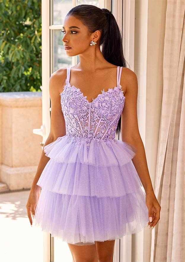 A-line V Neck Tulle Short/Mini Homecoming Dress with Appliqued Ruffles Sequins Glitter